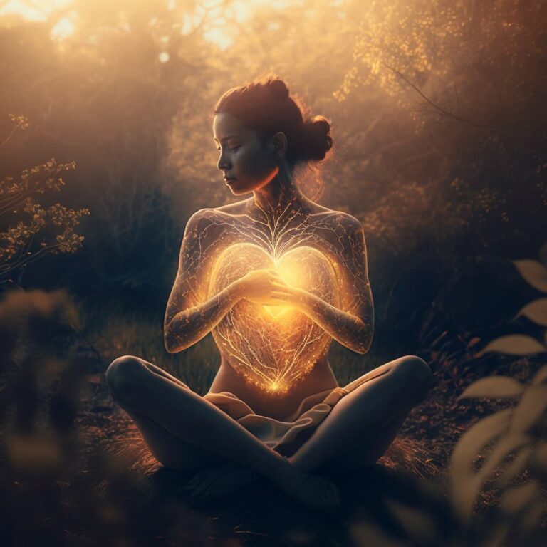 A woman sitting in nature surrounded by light