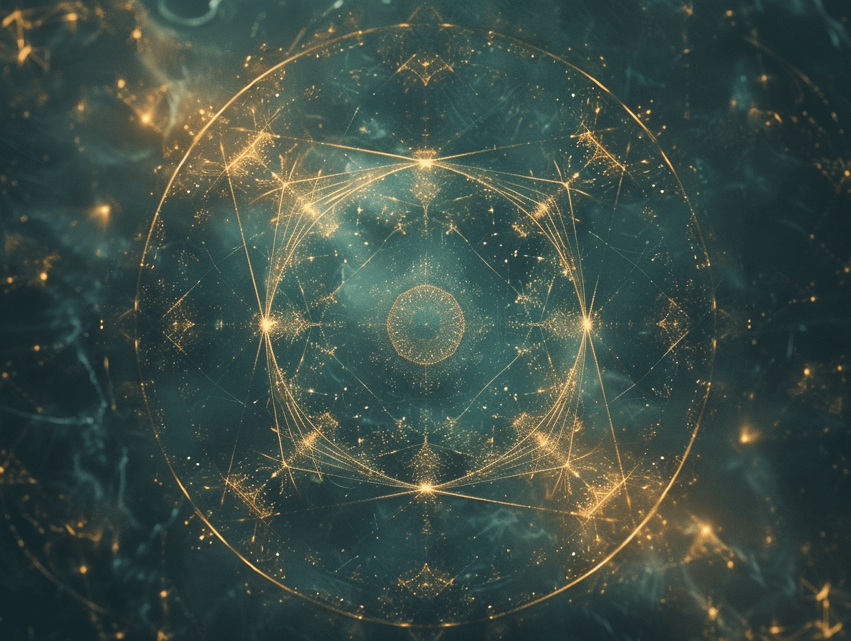 Gold lines radiating between points on a circle, on deep teal