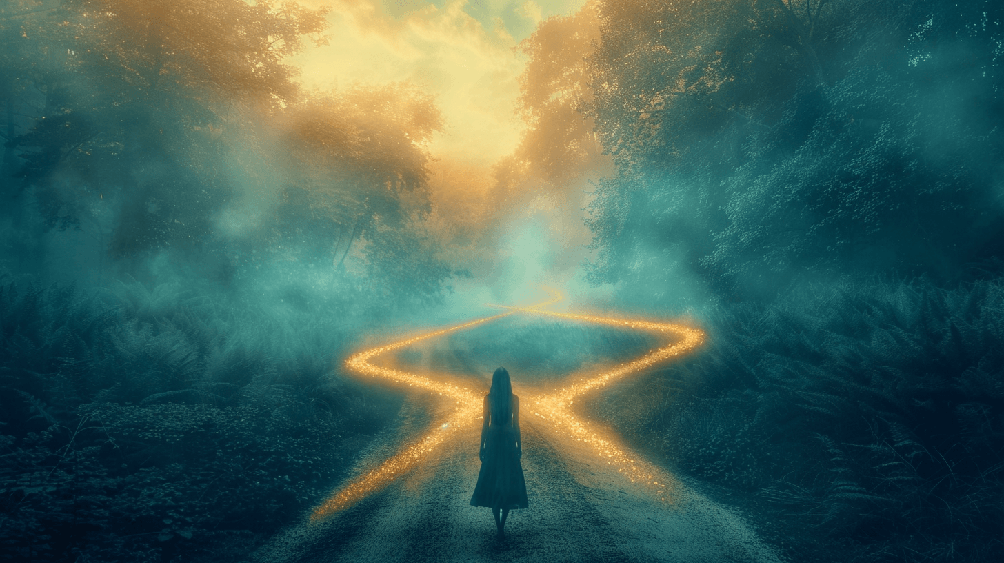 Woman standing at crossroads with glowing paths - choosing your healing journey in Charlotte NC