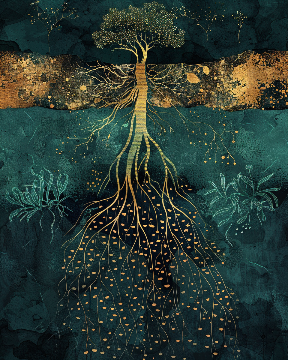 Tree with deep roots representing nervous system regulation foundation - golden light emerging above darkness