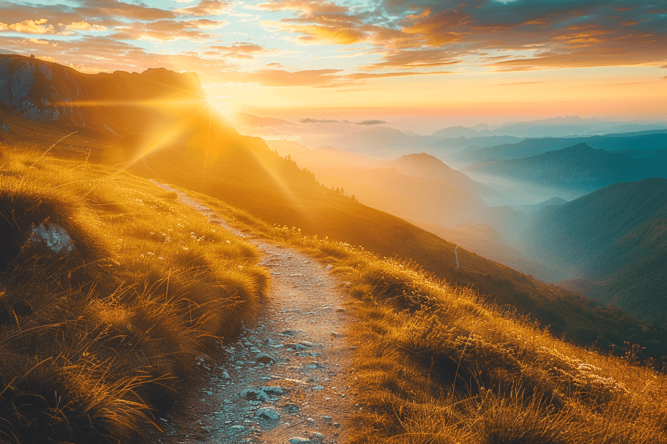 Sunrise over mountain path - transformation journey begins at Rowan Wellness