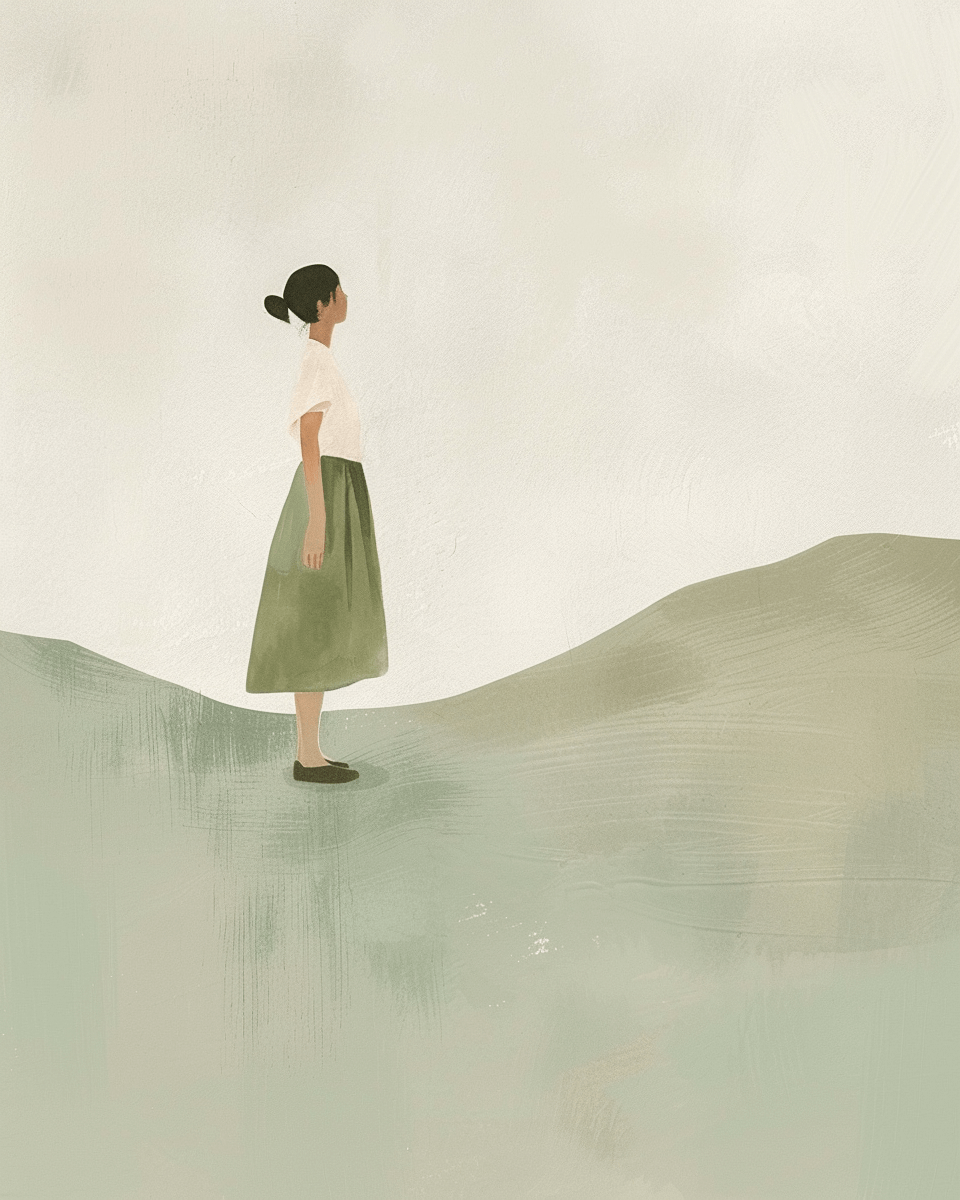 Watercolor illustration of a woman standing with quiet confidence on a hillside, looking forward with calm purpose - representing life after spiritual surrender