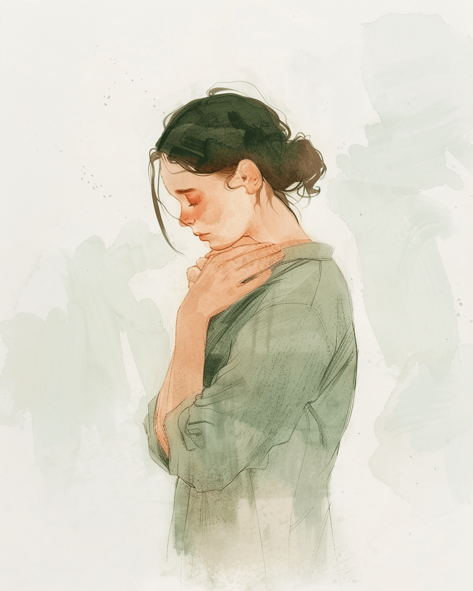 Watercolor illustration of a woman with her hand on her chest, eyes closed, in soft sage and peach tones - representing the exhaustion before spiritual surrender