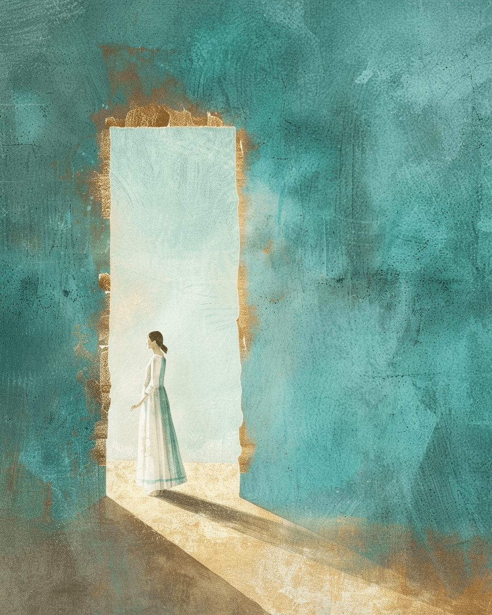 Watercolor illustration of a woman stepping through a doorway into light, teal walls with golden edges - representing the threshold moment of spiritual surrender