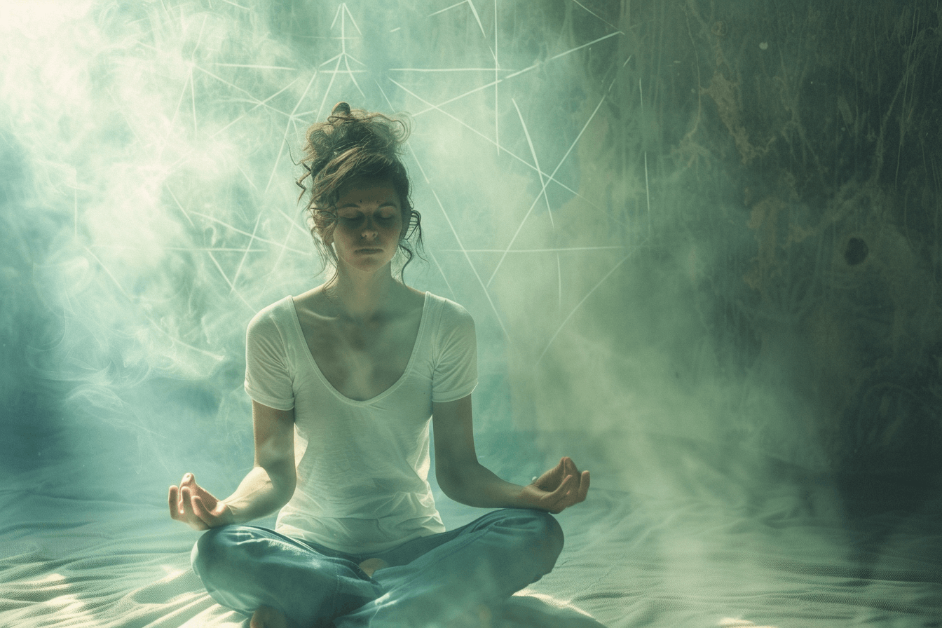 Woman in peaceful meditation with sacred geometry - past life regression and inner wisdom