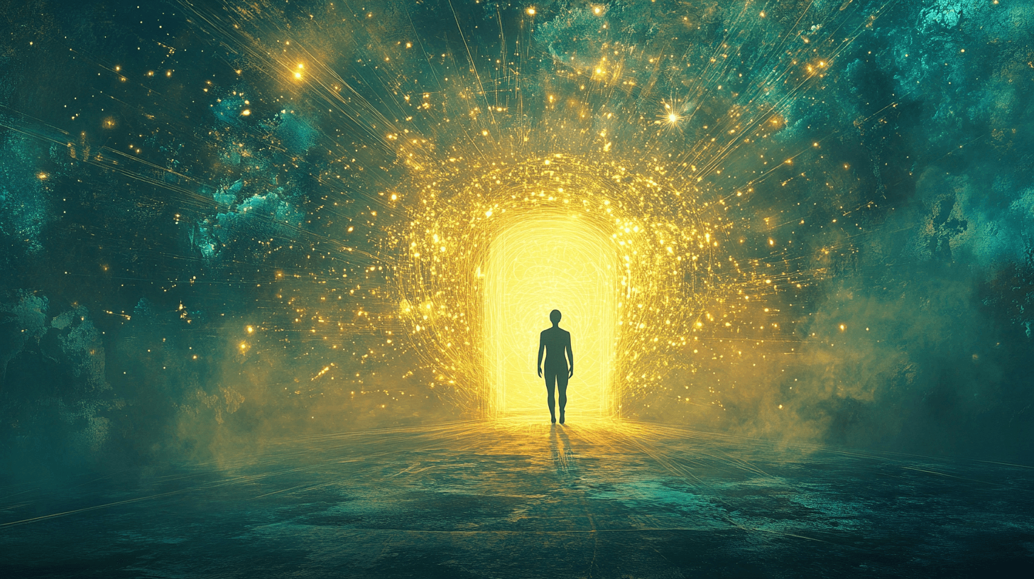Golden silhouette approaching luminous portal - visual metaphor for sacred imagination and perception through nervous system regulation