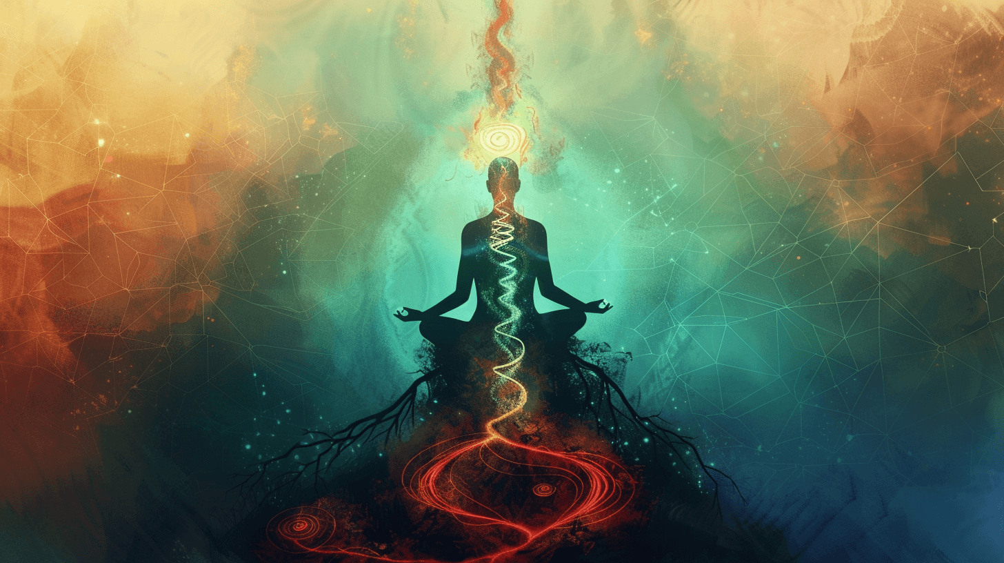 Kundalini nervous system connection - silhouette of person meditating with glowing energy rising through chakras and spine