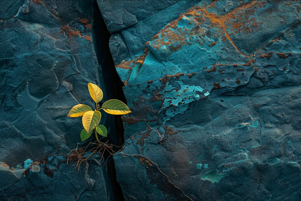 A resilient plant growing through cracked teal stone, representing growth through difficulty