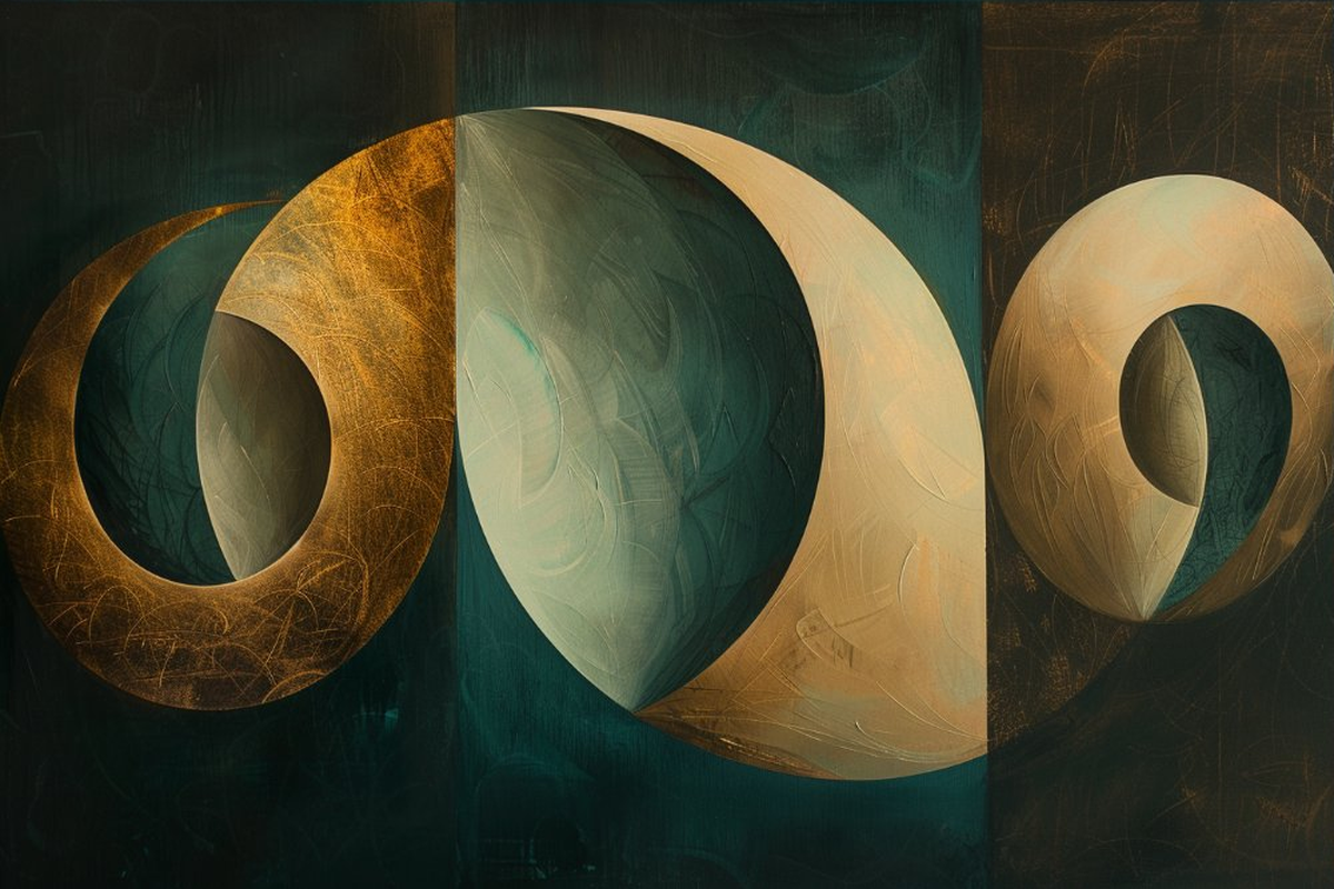 Three abstract forms in gold, cream, and teal representing gas, brake, and steering — the three components of nervous system navigation