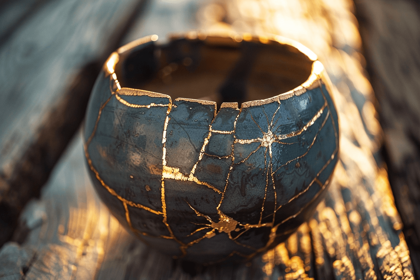 A kintsugi vessel repaired with gold — the cracks visible and beautiful, a metaphor for wounded healer integration and embodied healing