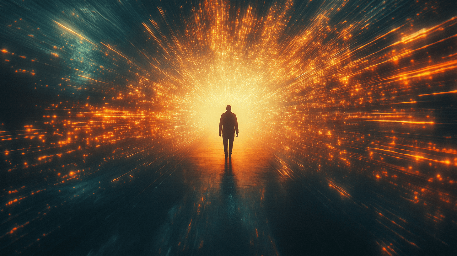 A single figure standing completely still while streaks of light and energy rush past in all directions — inner stillness amid outer chaos, the nervous system regulated under pressure