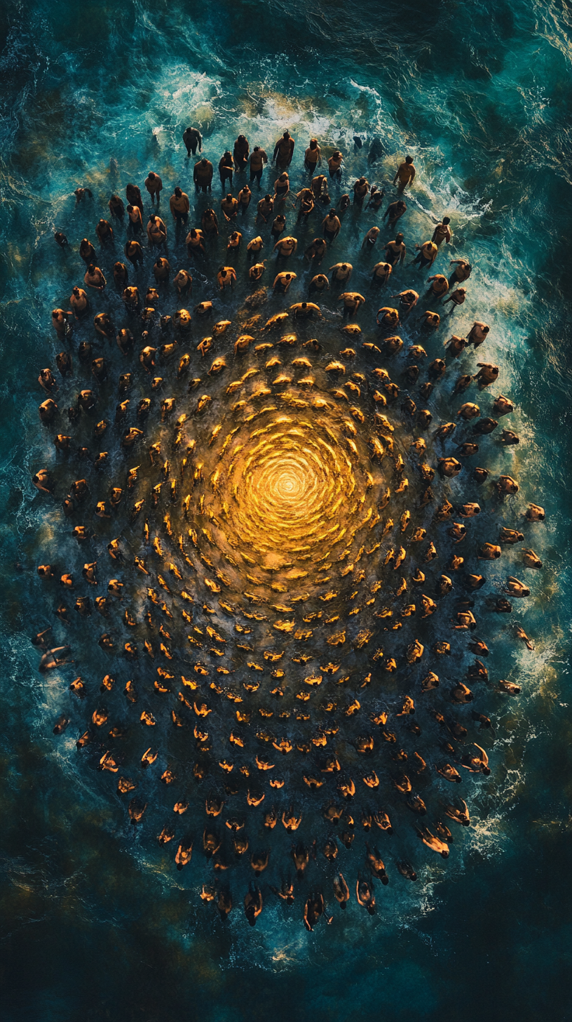 Aerial view of people in spiral formation representing collective nervous system regulation
