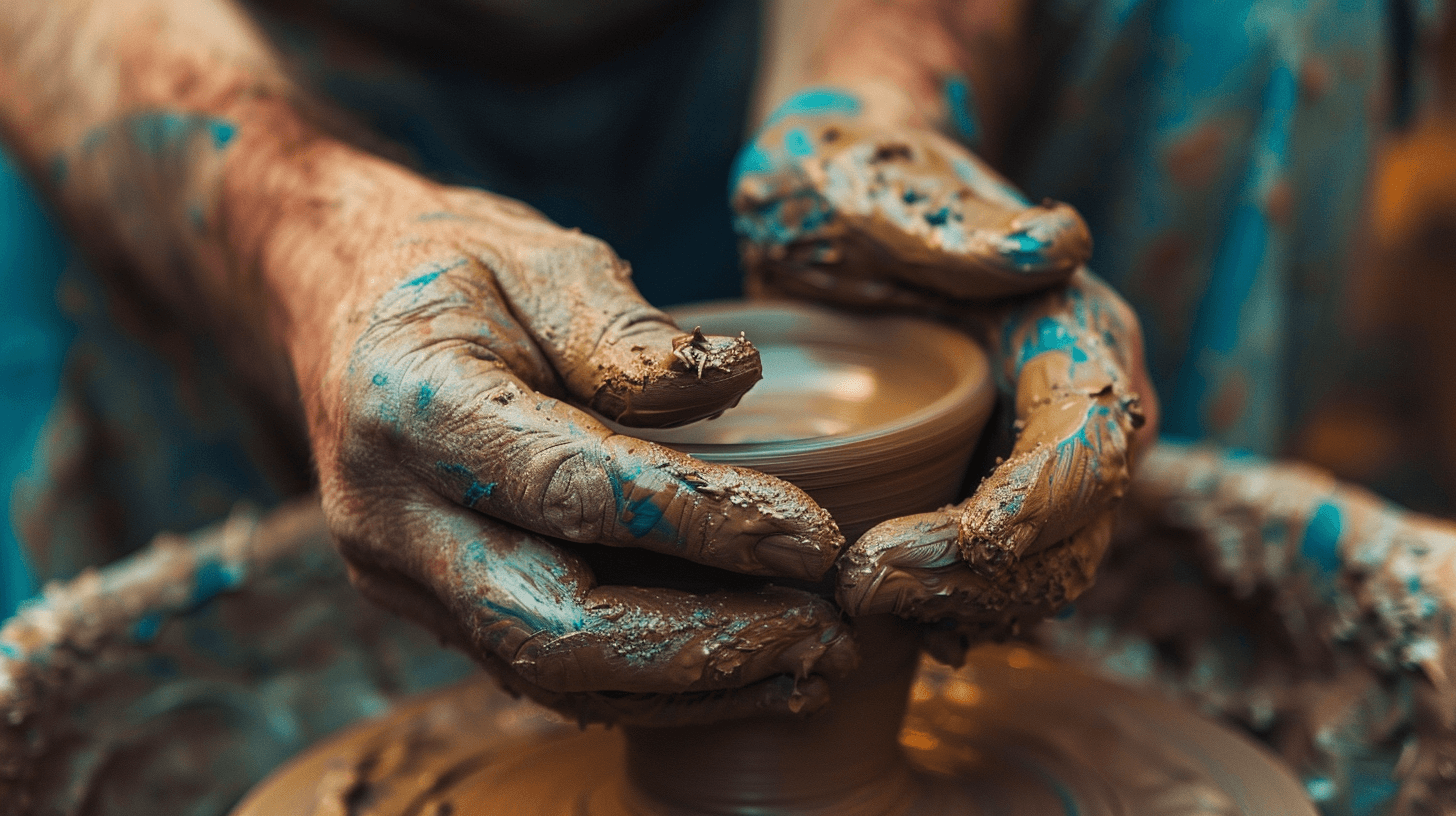 Hands shaping clay on a potter's wheel — the slow, embodied work of turning raw material into something whole