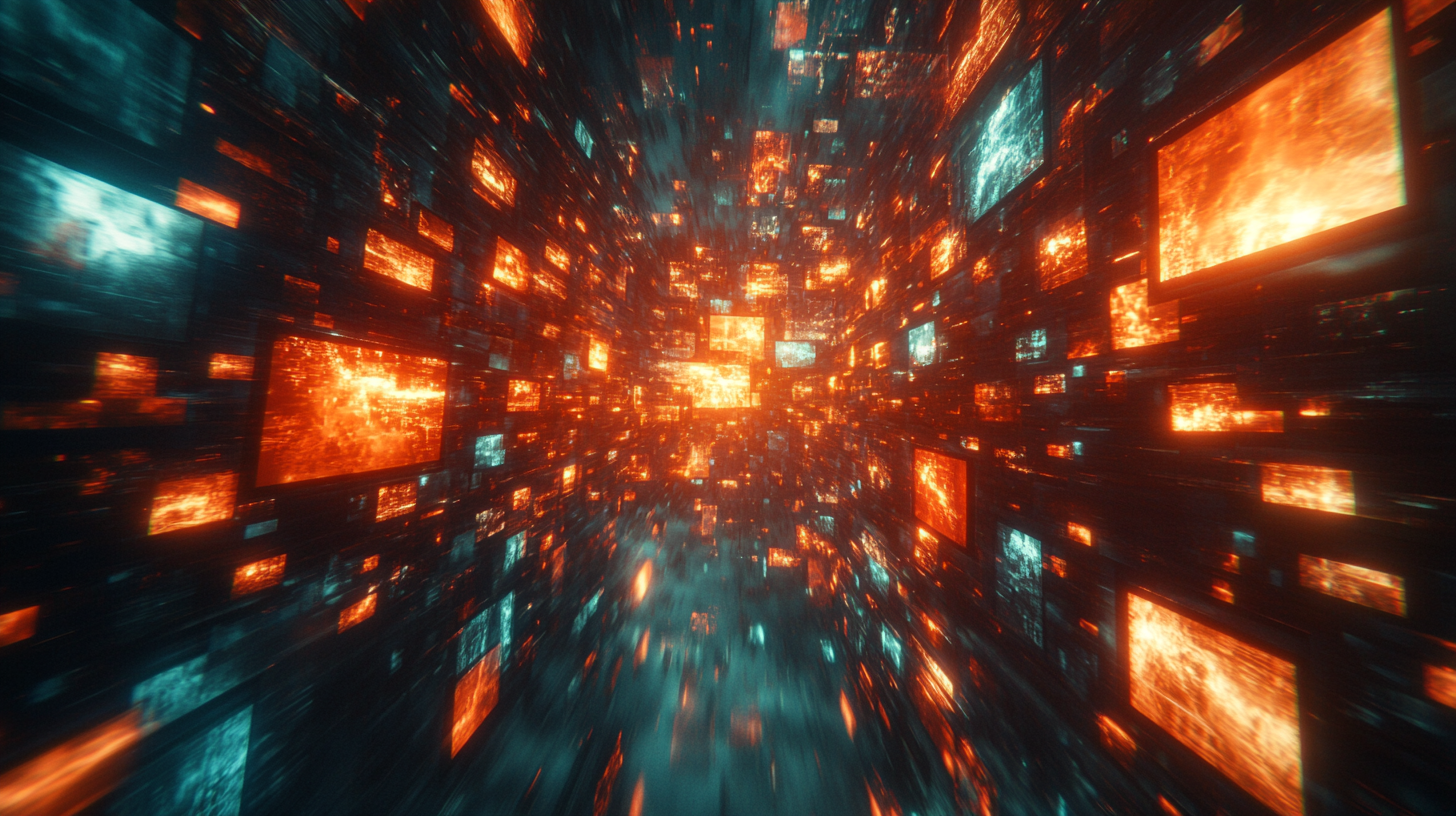 Fractured glowing screens representing information overwhelm and nervous system regulation crisis