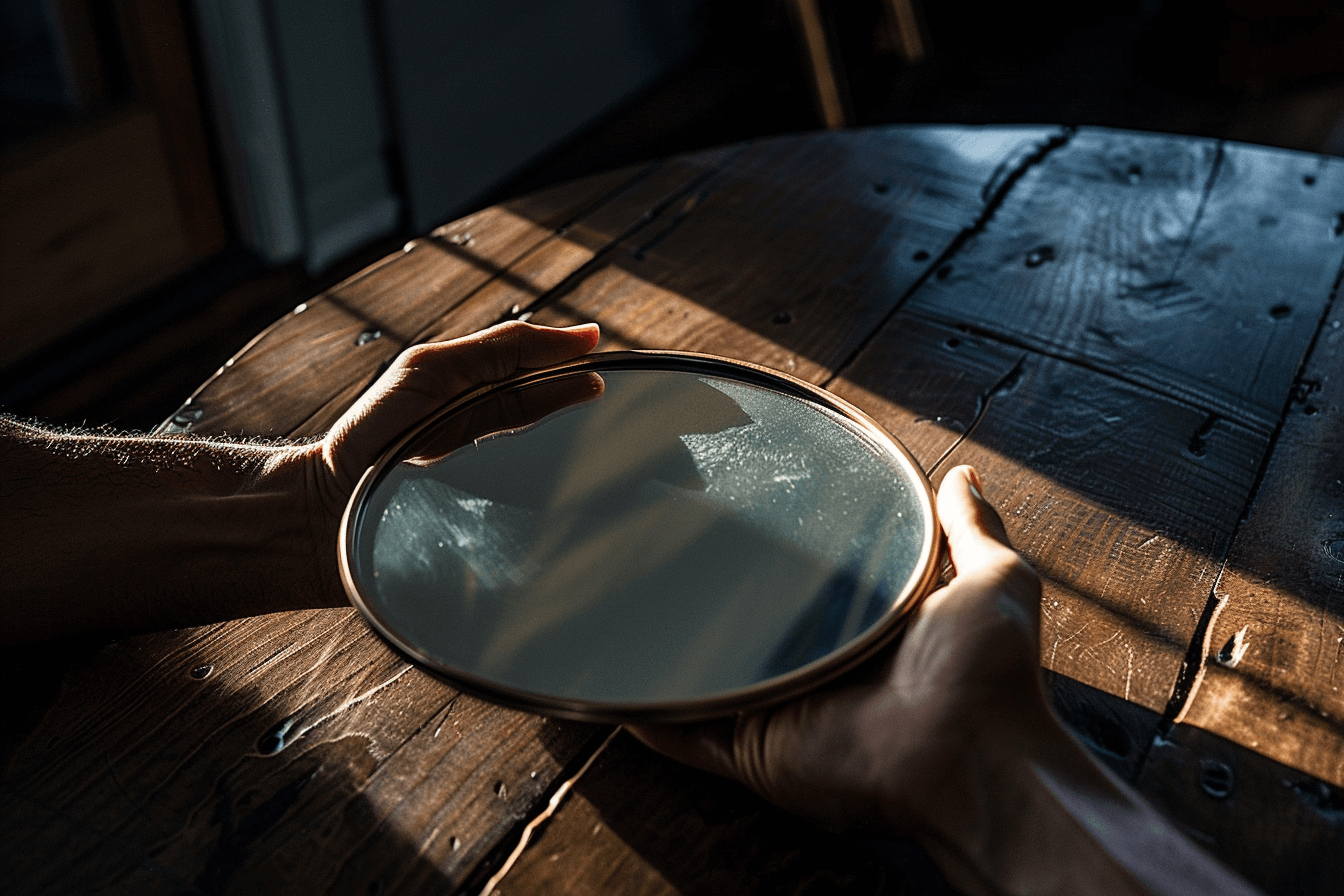 Hands holding a mirror face-down on a wooden table — the gesture of almost-readiness for honest self-assessment in healer integration work
