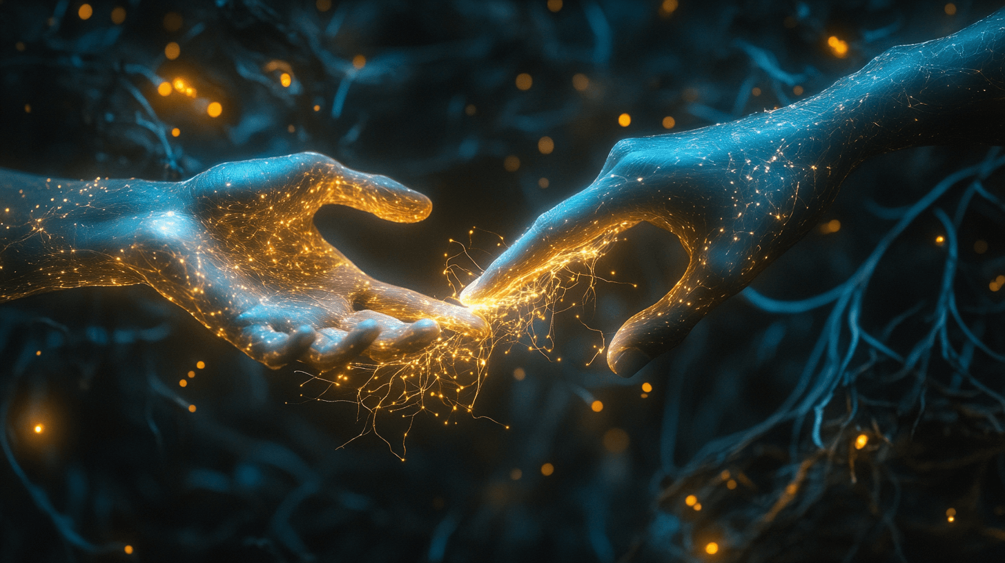Two hands reaching toward each other through bioluminescent roots and mycelium — the moment before connection through the living network, representing nervous system co-regulation
