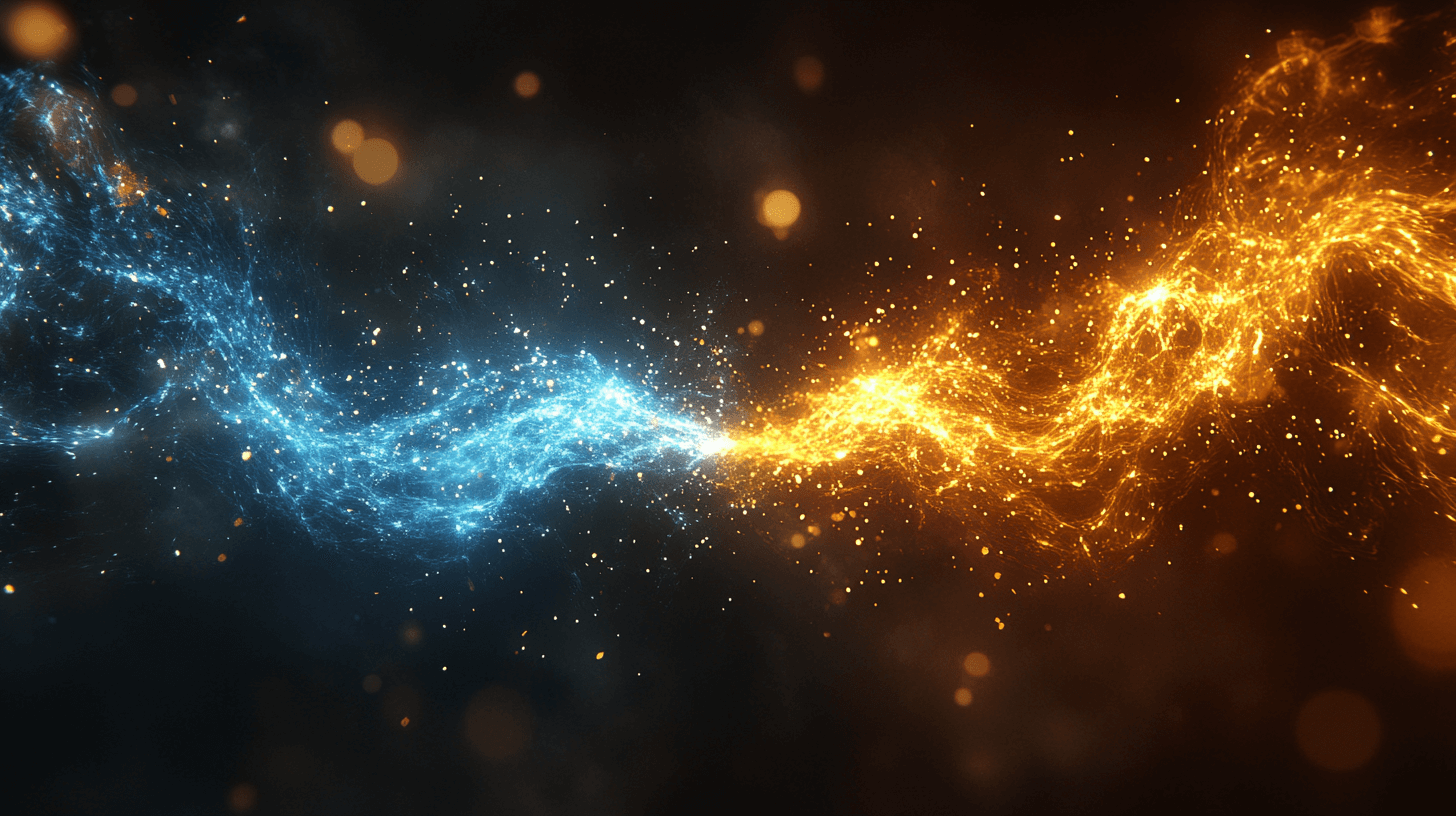 Two luminous threads, one electric blue and one warm gold, running parallel through dark space — representing technology and human development as interdependent forces