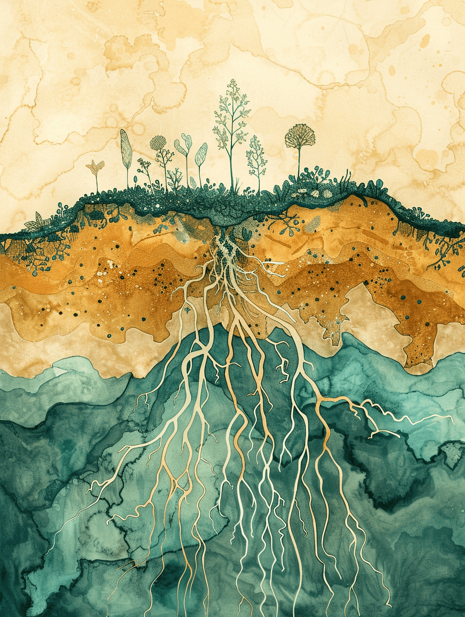 Watercolor of separate plants above ground sharing one root system below — how wound patterns connect beneath the surface
