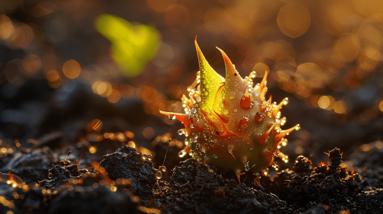 Spiny seed pod cracking open in soil with green shoot emerging — wound patterns carry the seed of transformation