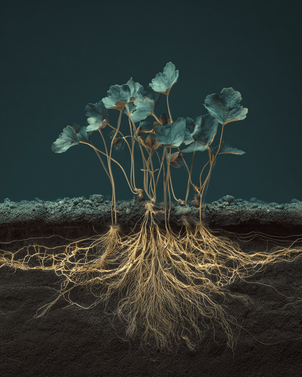 A single tangled root sending up several separate shoots — perfectionism as a trauma response growing from the same wound