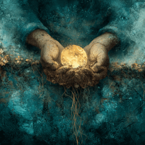 Cover of The Weight of Joy: a misty forest above the ground and glowing golden roots threading down through dark earth.