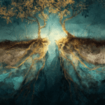 Where You End and I Begin: A Terrain — two trees with intertwining roots meeting underground, teal and gold.