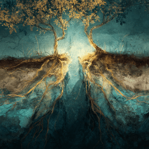 Where You End and I Begin: A Terrain — two trees with intertwining roots meeting underground, teal and gold.