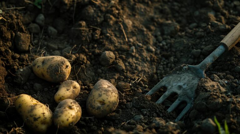 Freshly dug potatoes resting on dark turned earth beside a garden fork in low afternoon light