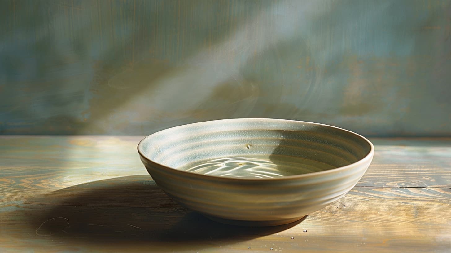 A shallow ceramic bowl of water on a wooden table, faint rings settling on the surface in low morning light