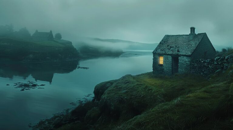 A stone cottage with one lit window on a grassy bank above still water at dusk, mist across the far shore