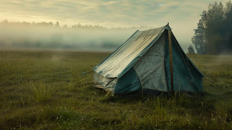 A weathered canvas tent in a misty meadow at first light, held up by a single wooden pole