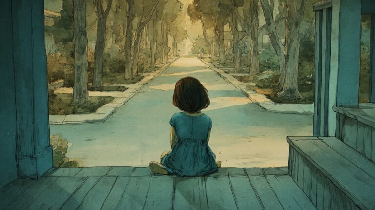 A highly sensitive child sitting alone on a porch step at dusk, looking down an empty street