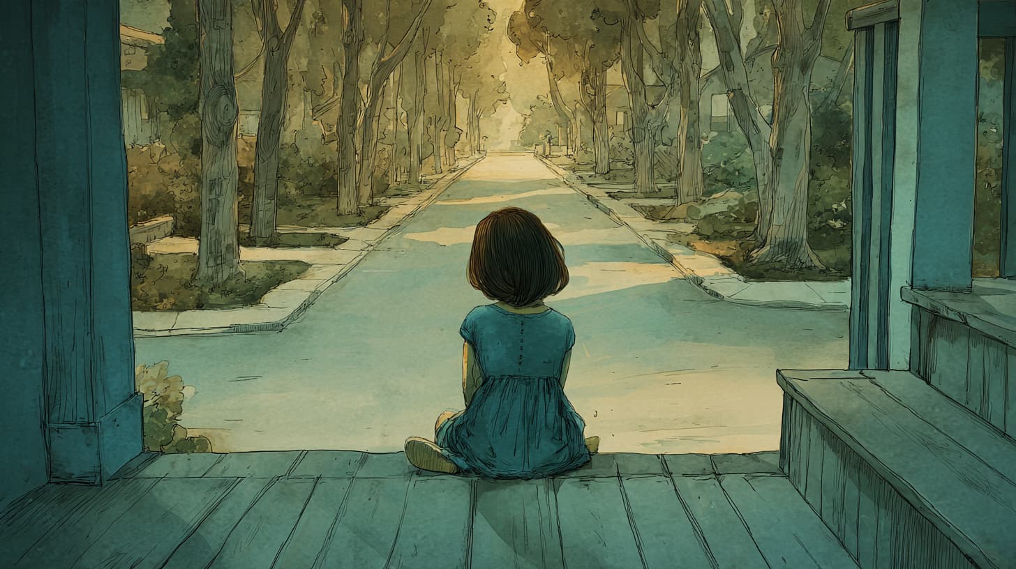 A highly sensitive child sitting alone on a porch step at dusk, looking down an empty street