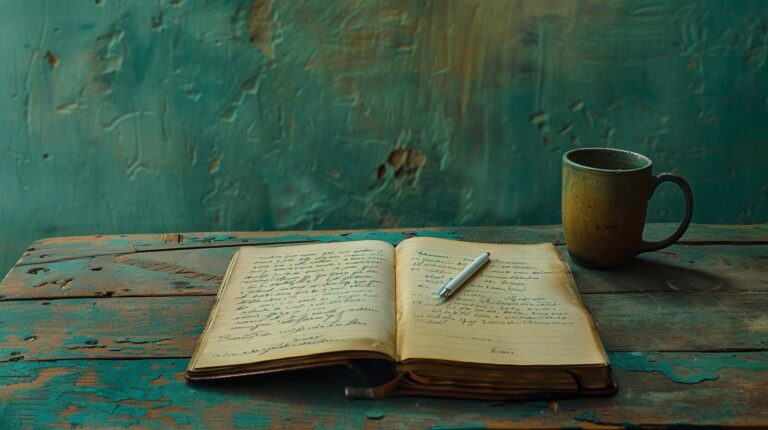 An open notebook and pen on a worn wooden table in early morning light, a mug beside them