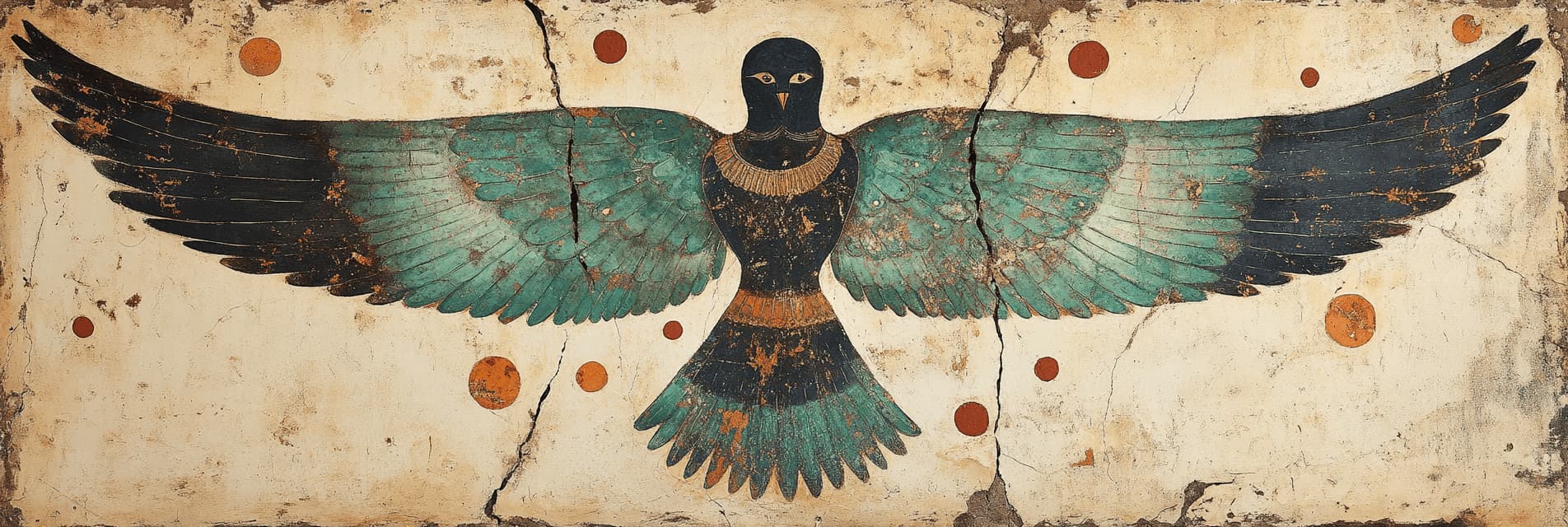 A winged figure painted on weathered plaster, teal and black with ochre dots