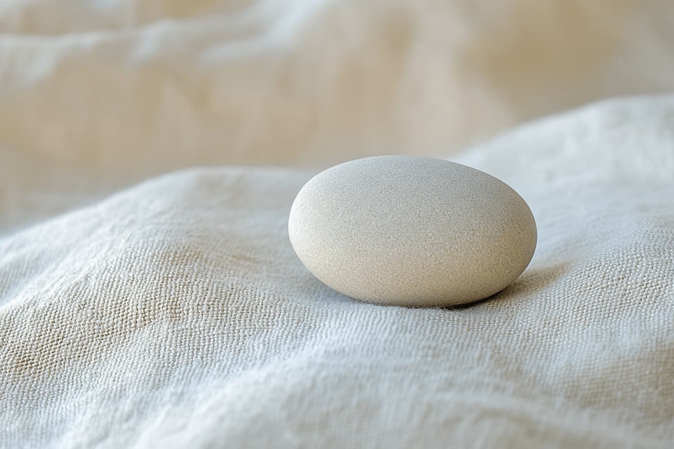 A single smooth river stone resting on undyed linen
