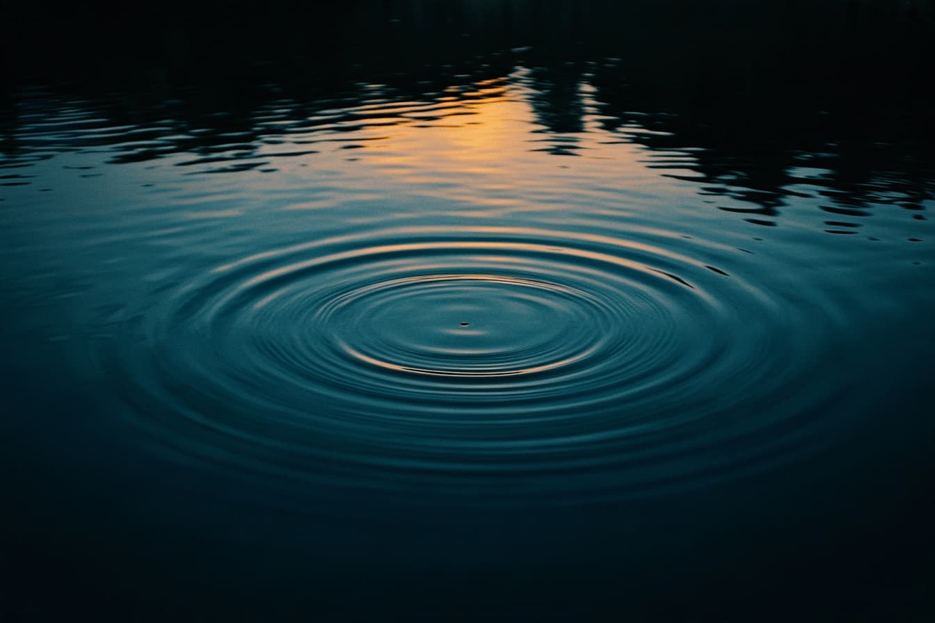 Still dark water at dusk with faint concentric ripples